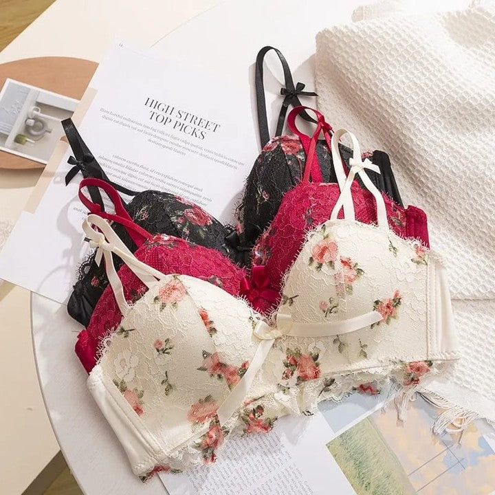 Lace Flower Embroided Adjustable Straps Push Up Bridal Padded Bra